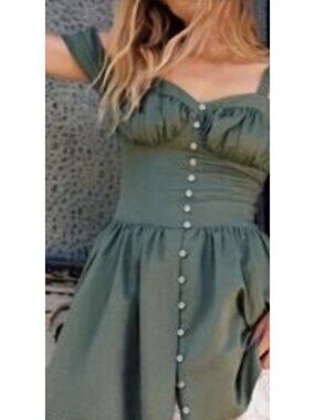 Anthropologie Milkmaid Green Linen Off The Shoulder Mini Dress size Small
